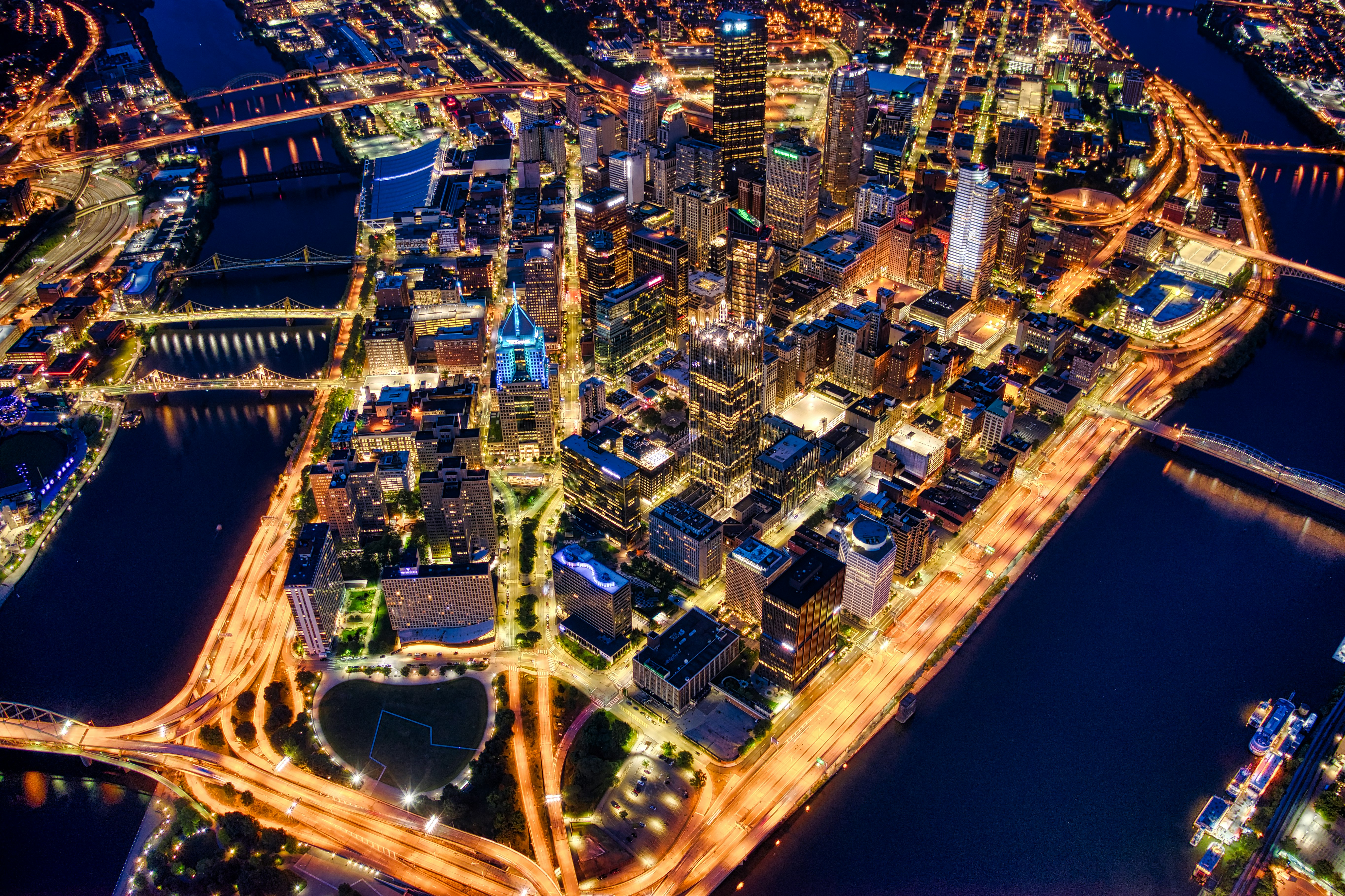 aerial view of city buildings during night time